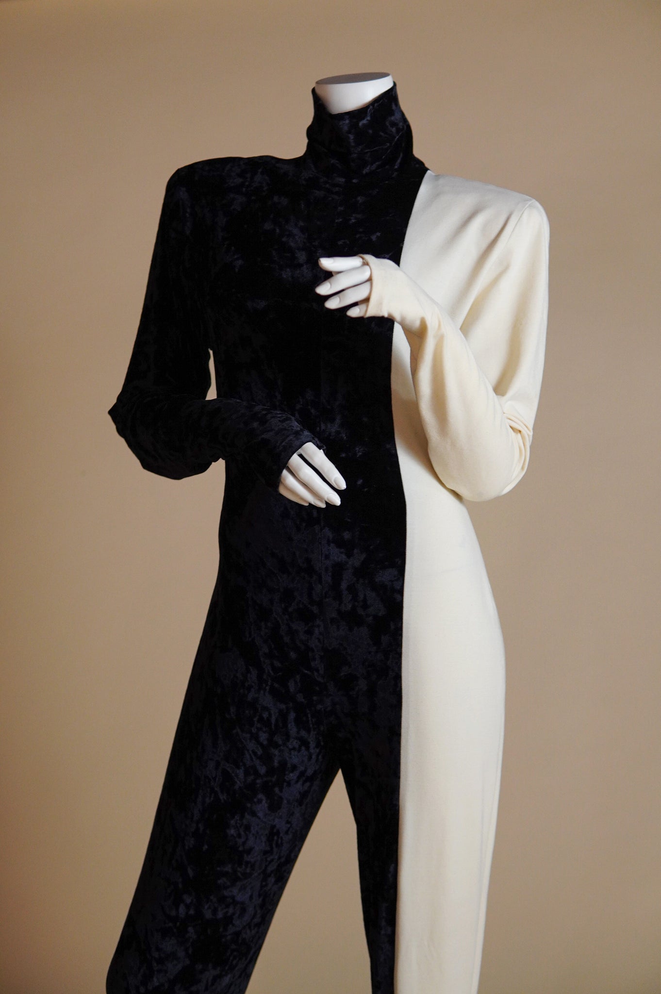 F/W 1990 Norma Kamali runway vertical split black and white jumpsuit - XS/S