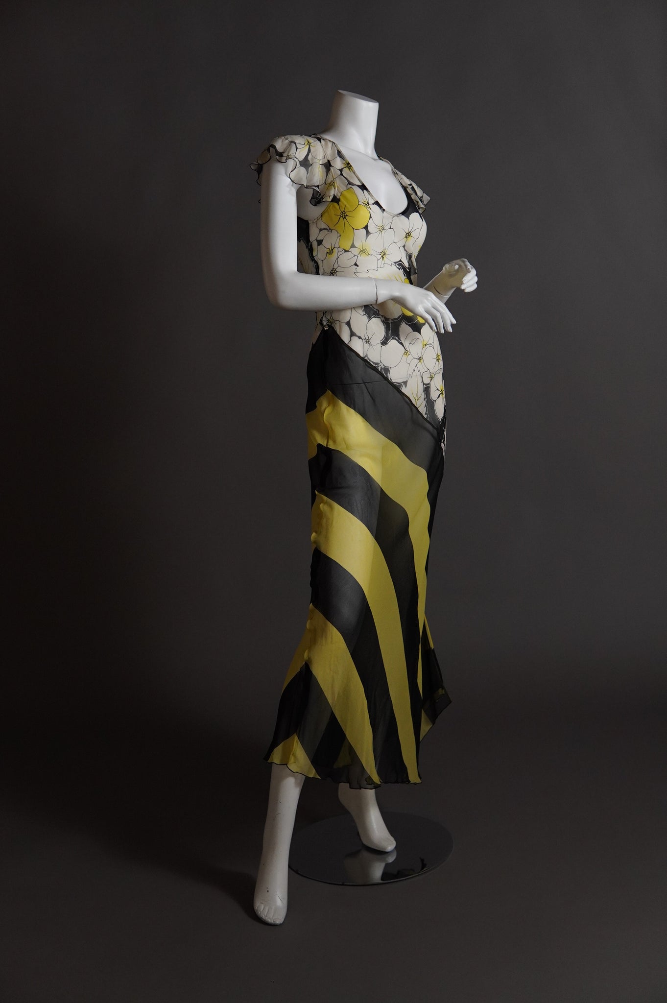 Sonia Rykiel sheer silk bias cut yellow white and black dress with floral and stripe - S/M