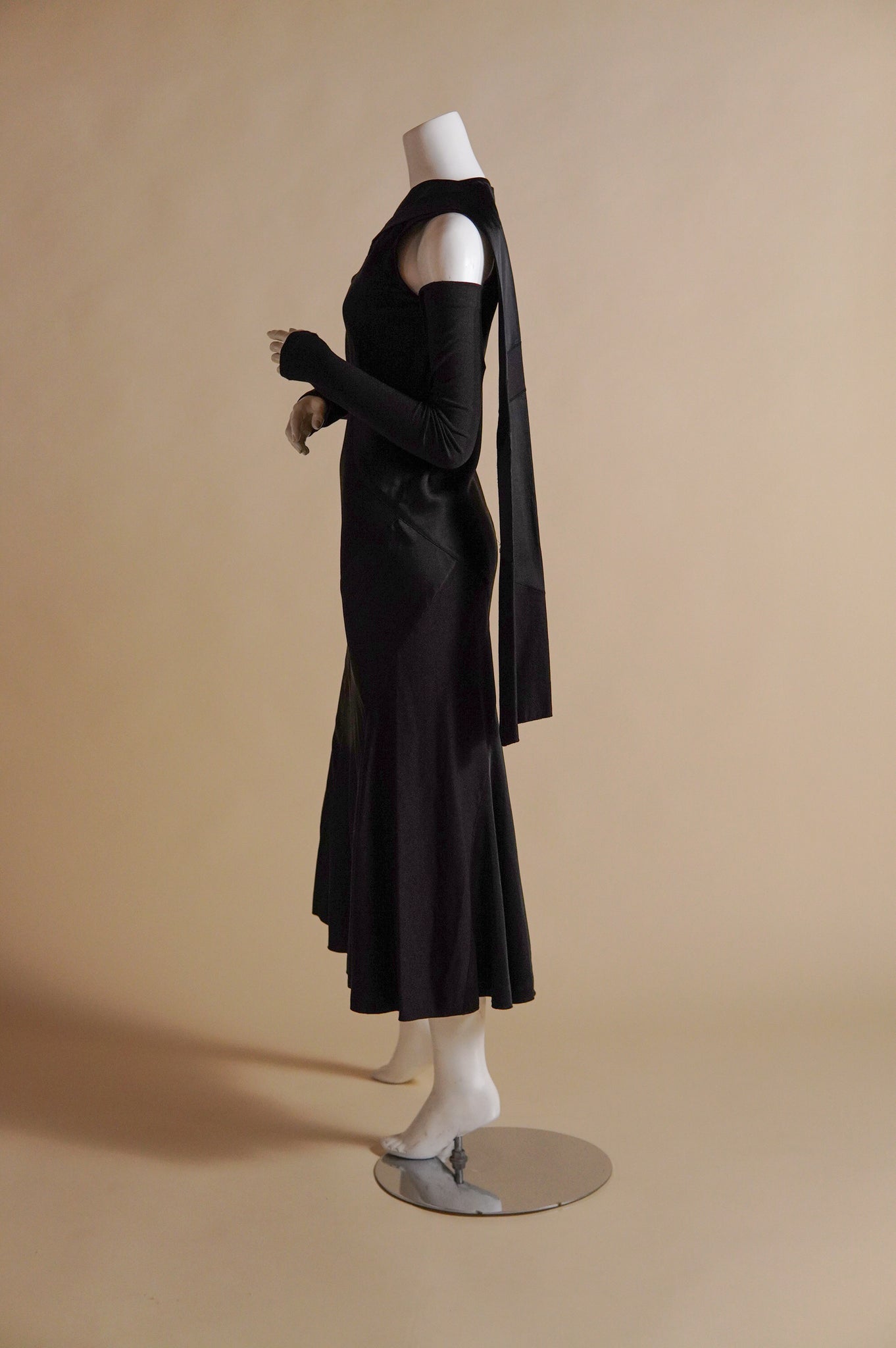 F/W 2002 Donna Karan satin and matte tone on tone patchwork dress with cutaway at knit sleeves - XS/S