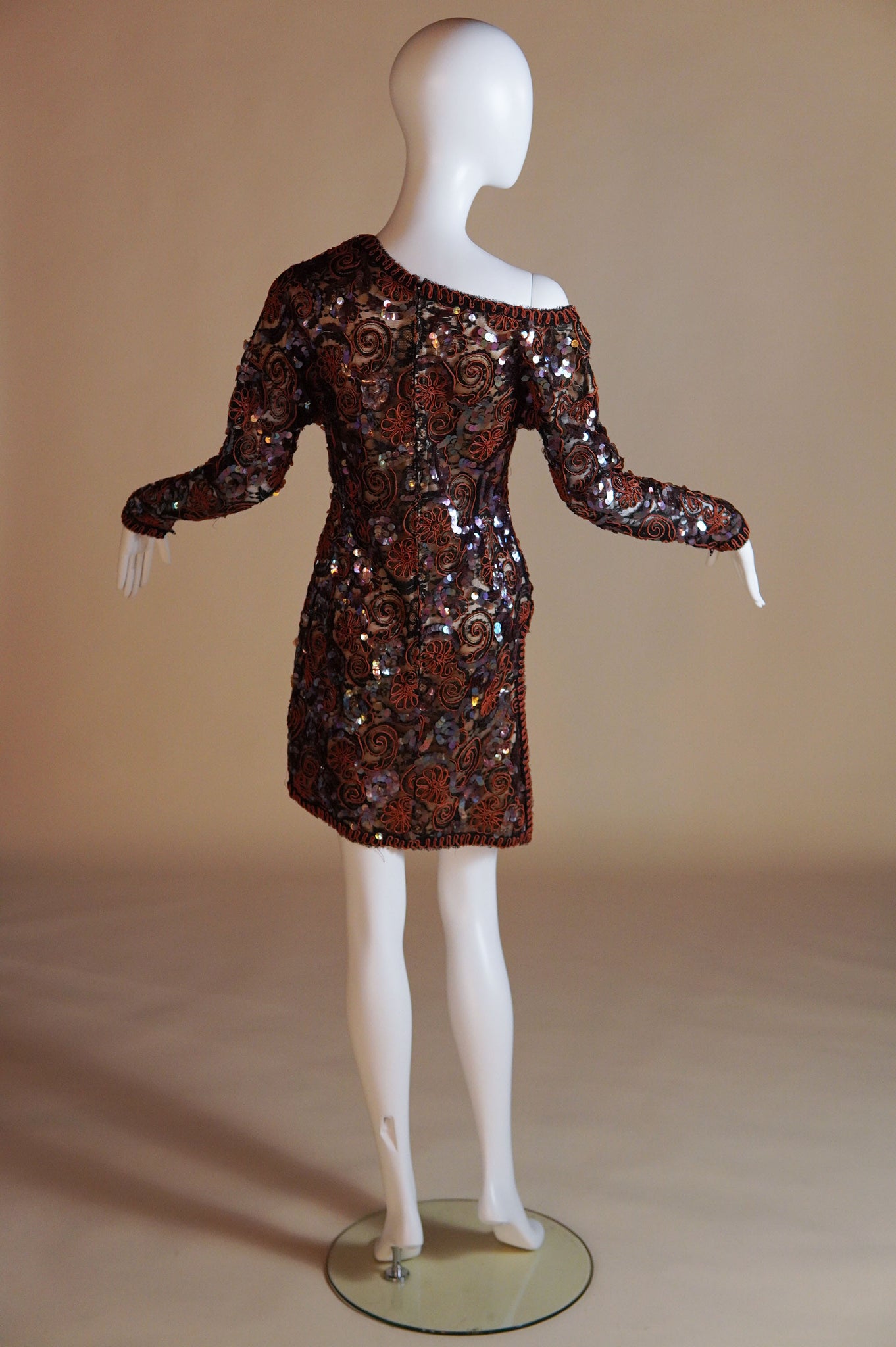 1980s Geoffrey Beene embelished off the shoulder mini dress with dramatic cutout at hip - S