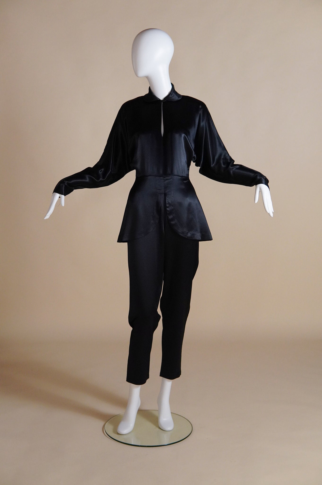 1990s Norma Kamali satin jumpsuit with peplum and keyhole - XS