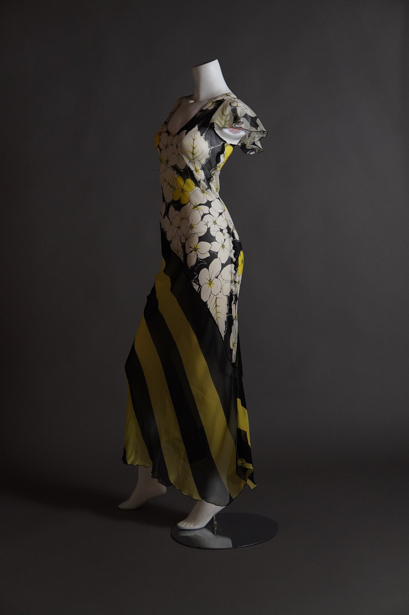 Sonia Rykiel sheer silk bias cut yellow white and black dress with floral and stripe - S/M