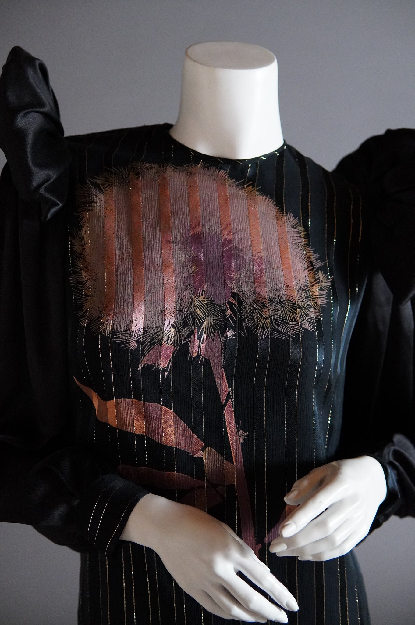 1980s James Galanos silk dress with dandelion puff and exaggerated shoulder - XS/S