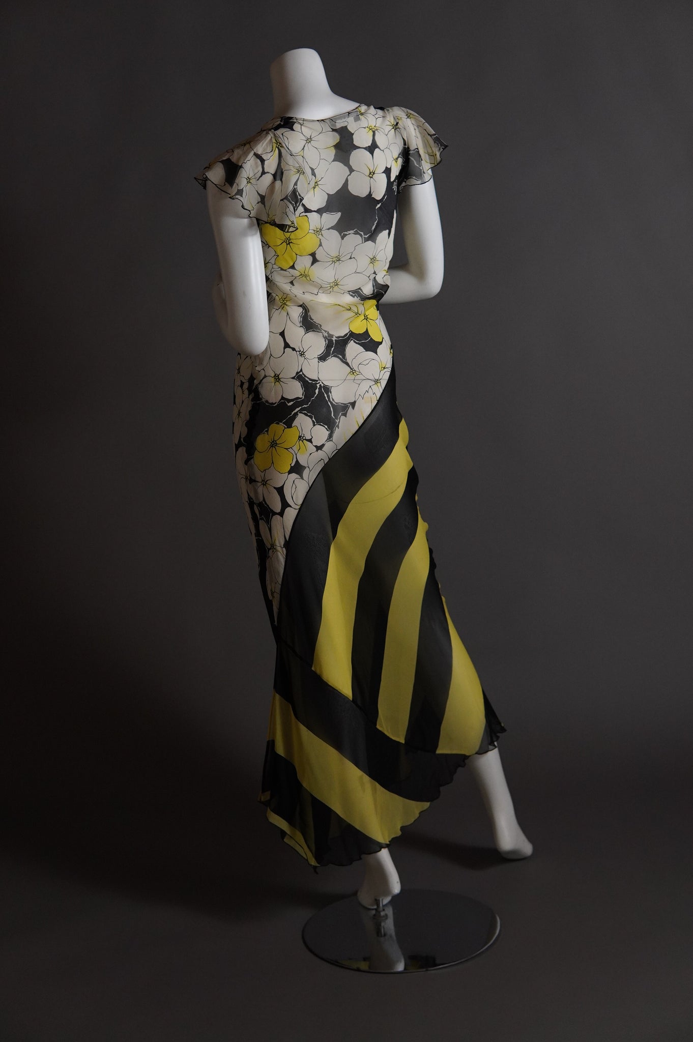 Sonia Rykiel sheer silk bias cut yellow white and black dress with floral and stripe - S/M