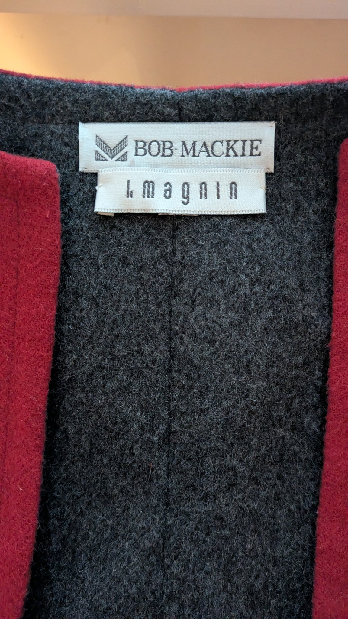 early Bob Mackie red wool suit with grey diamond shaped detail - XS