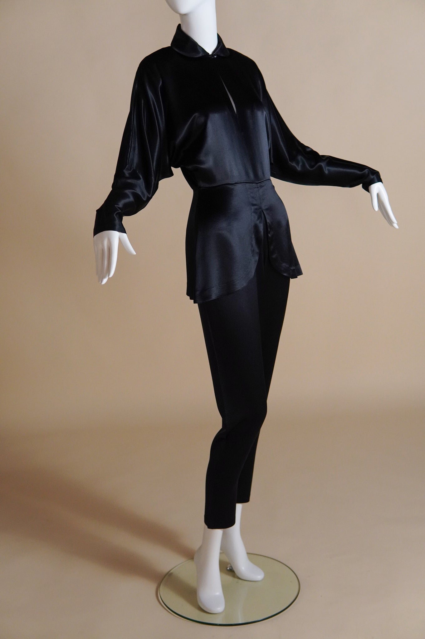 1990s Norma Kamali satin jumpsuit with peplum and keyhole - XS