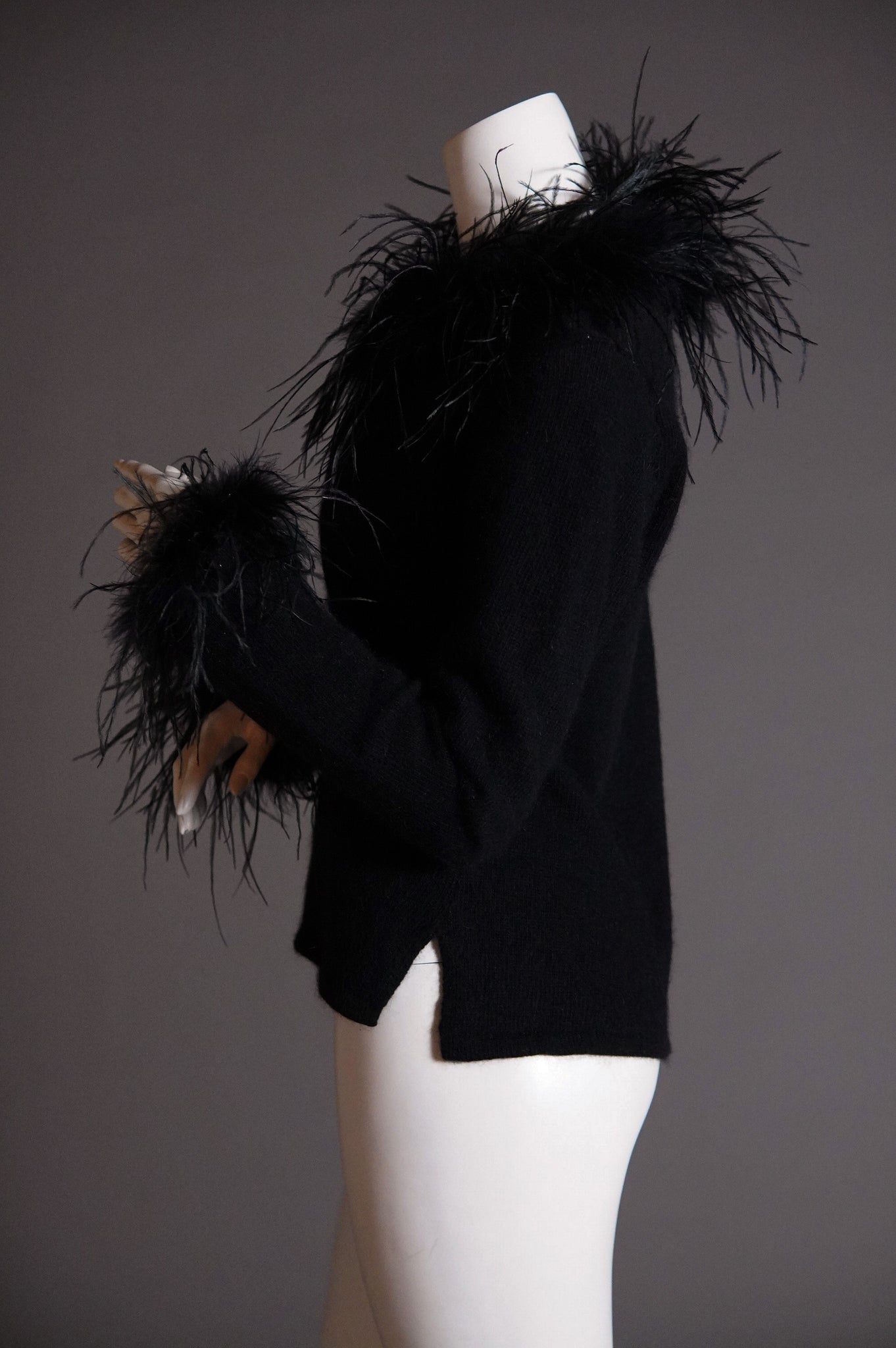 1980s Pierre Cardin soft knit with feather trim at collar and cuffs - O/S