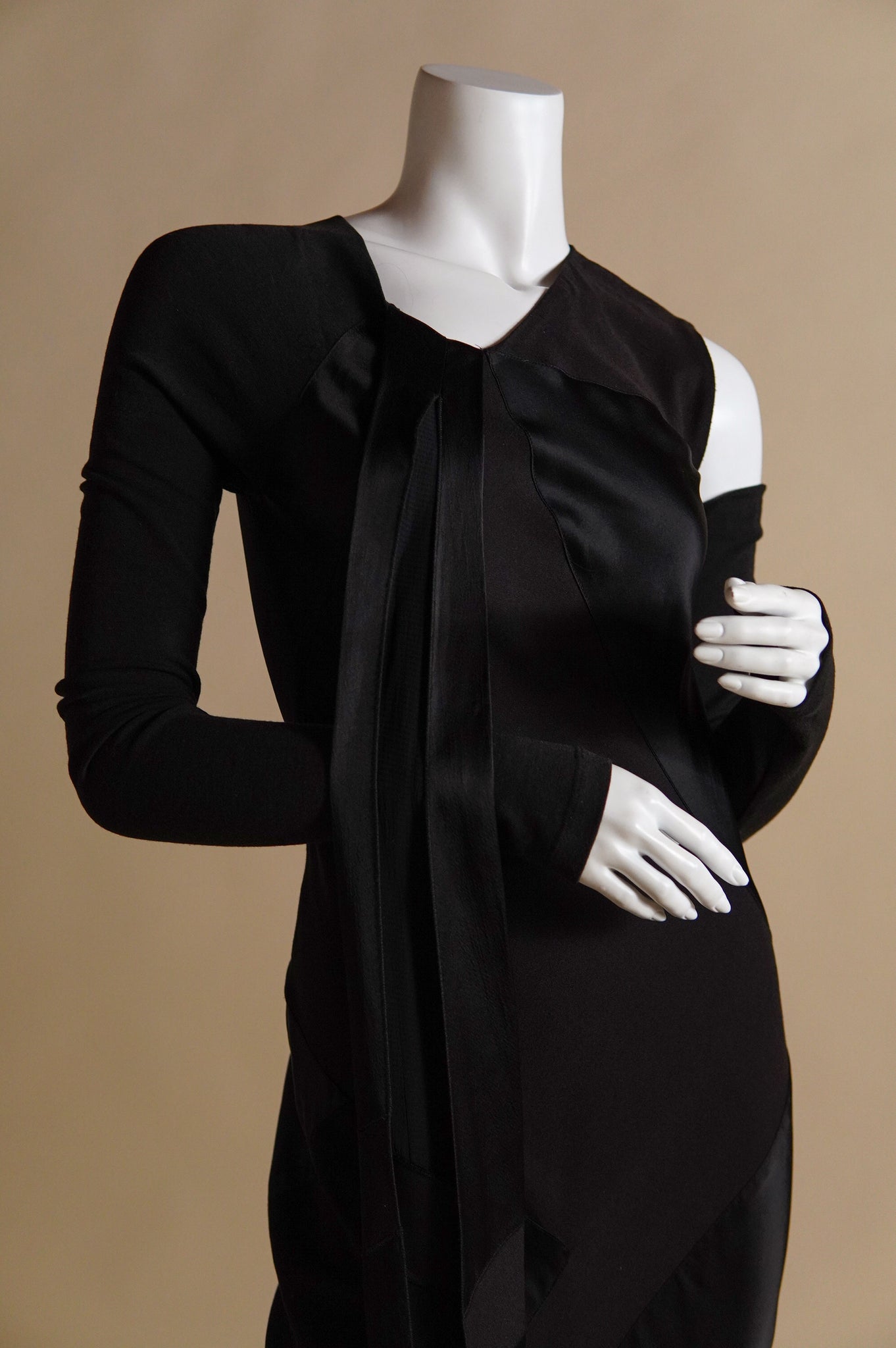 F/W 2002 Donna Karan satin and matte tone on tone patchwork dress with cutaway at knit sleeves - XS/S