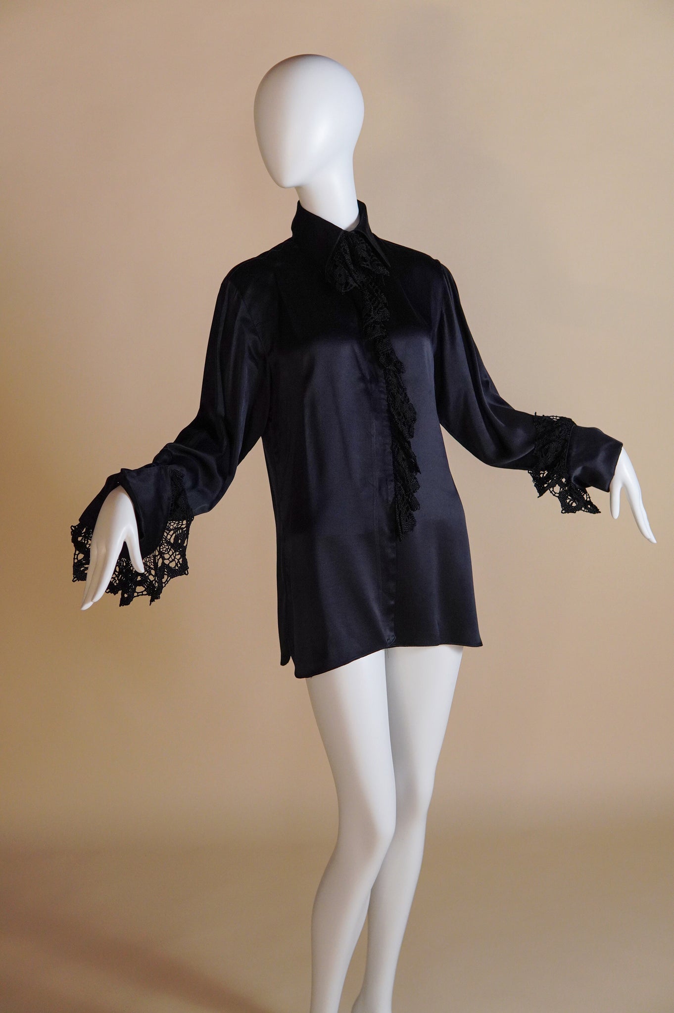 F/W 1994 Martine Sitbon runway silk blend satin blouse with lace trim - S/M