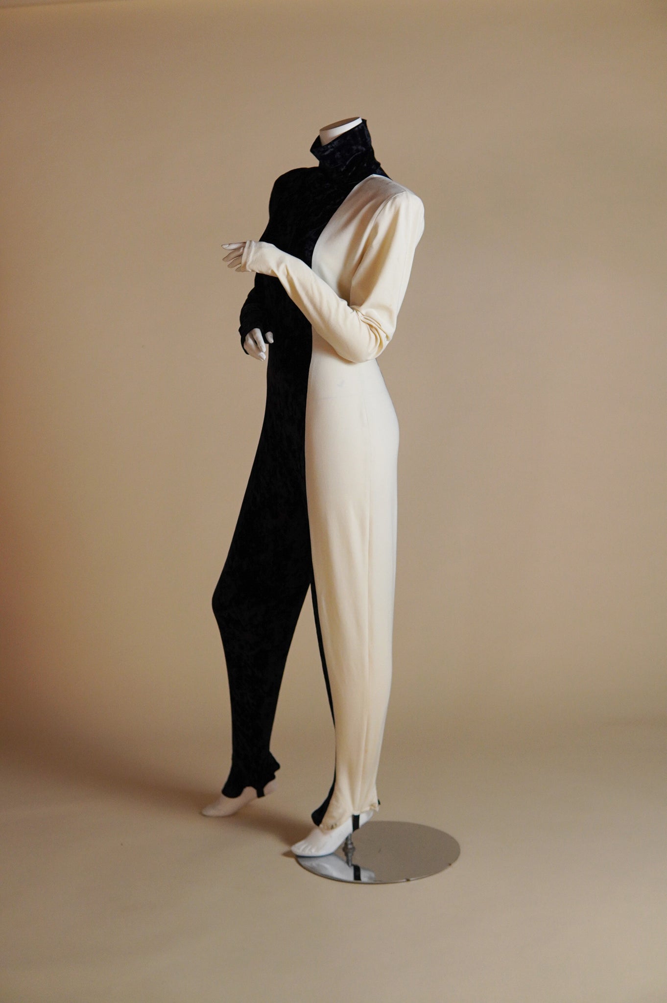 F/W 1990 Norma Kamali runway vertical split black and white jumpsuit - XS/S