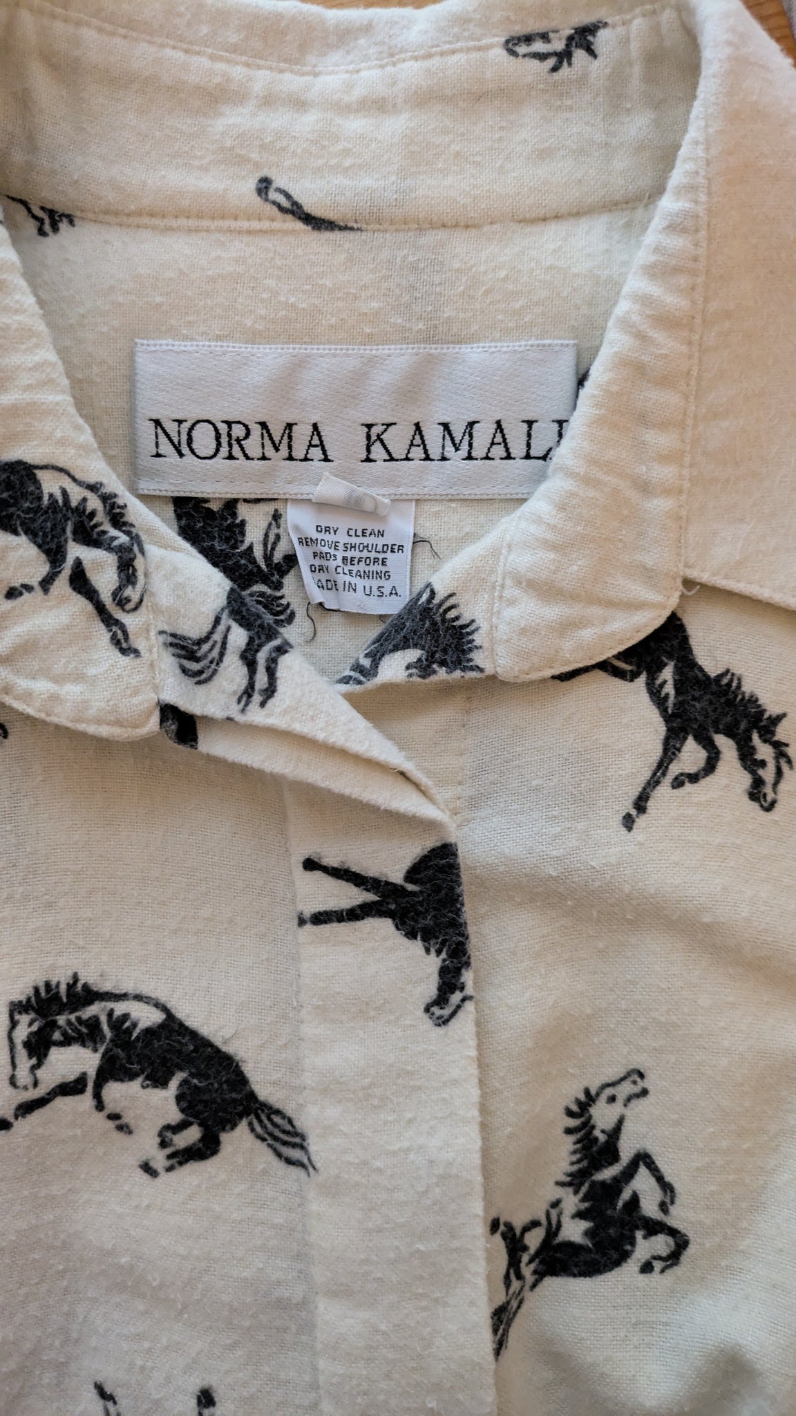 1980s Norma Kamali flannel cream dress with black horse pattern - S/M