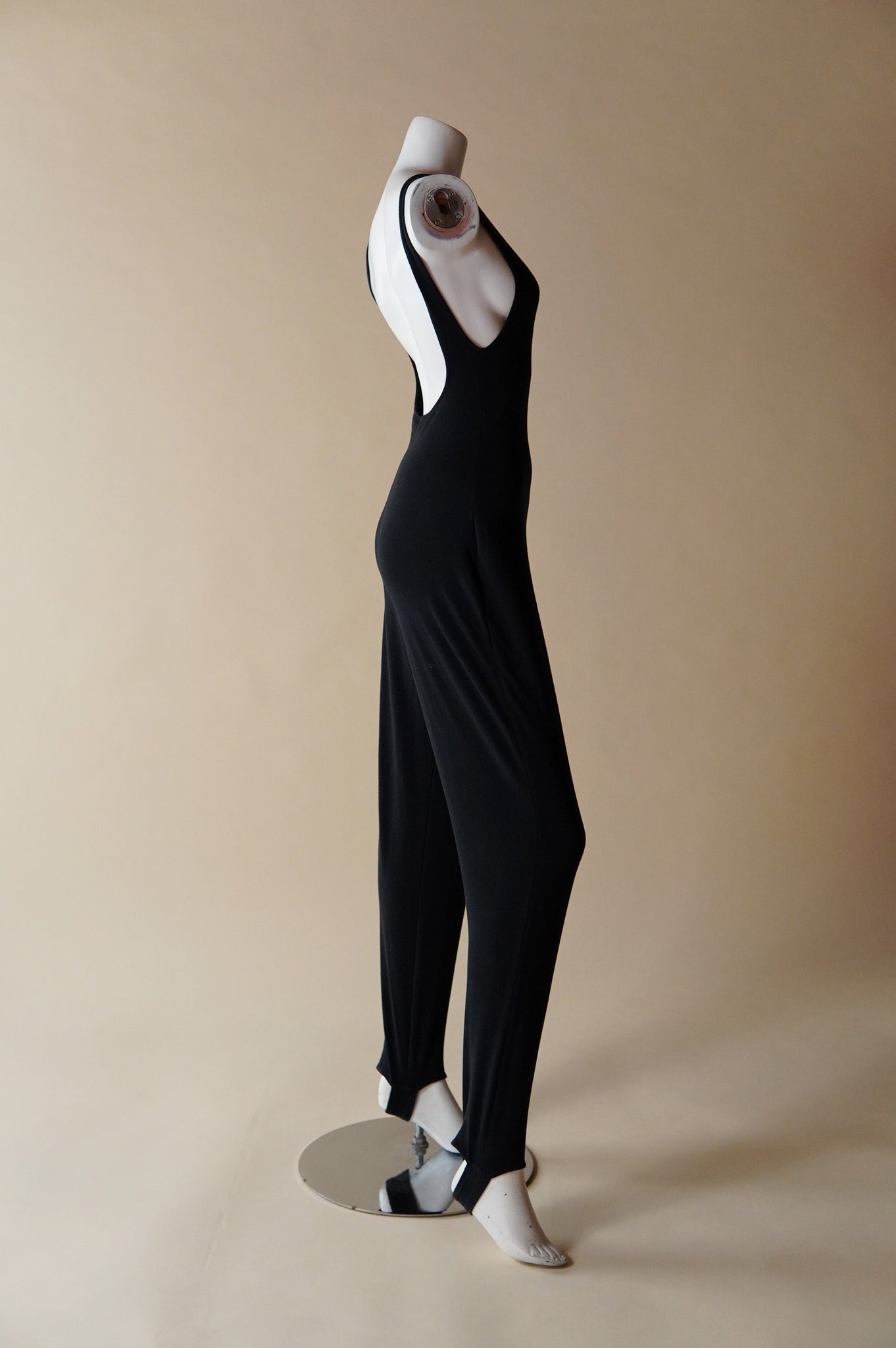 1980s Norma Kamali black jumpsuit with high neck and open back - XS/S