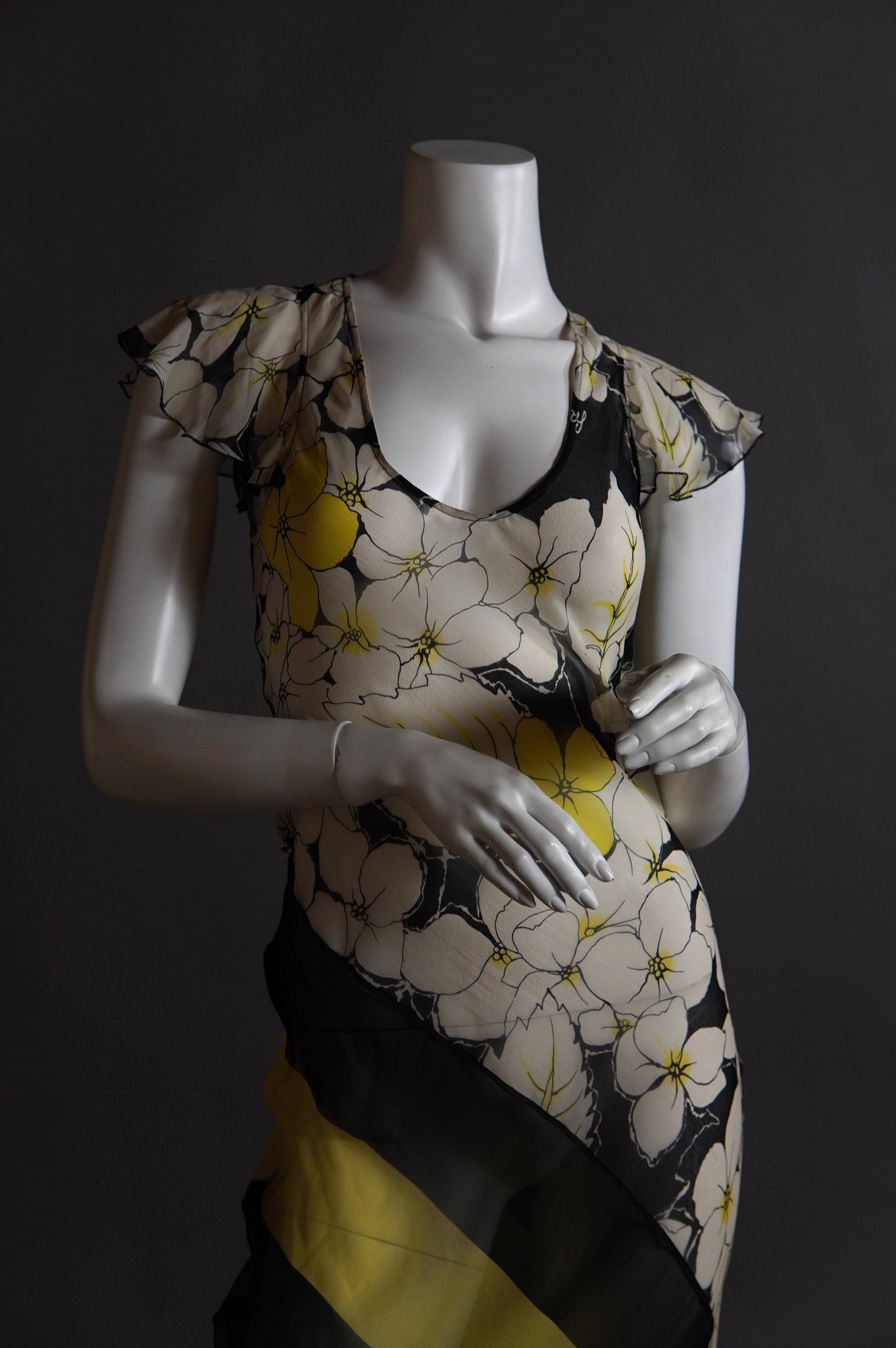 Sonia Rykiel sheer silk bias cut yellow white and black dress with floral and stripe - S/M