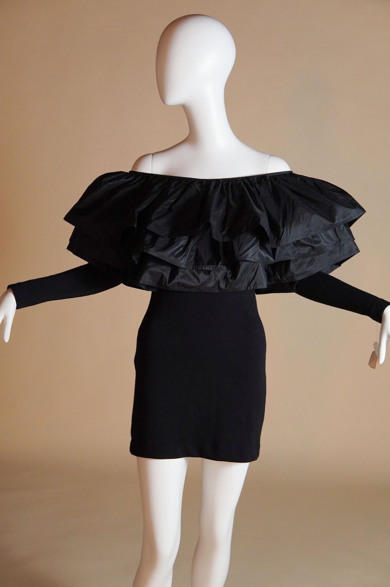 F/W 1991 Isaac Mizrahi runway stretch knit dress with exaggerated silk ruffles - S/M