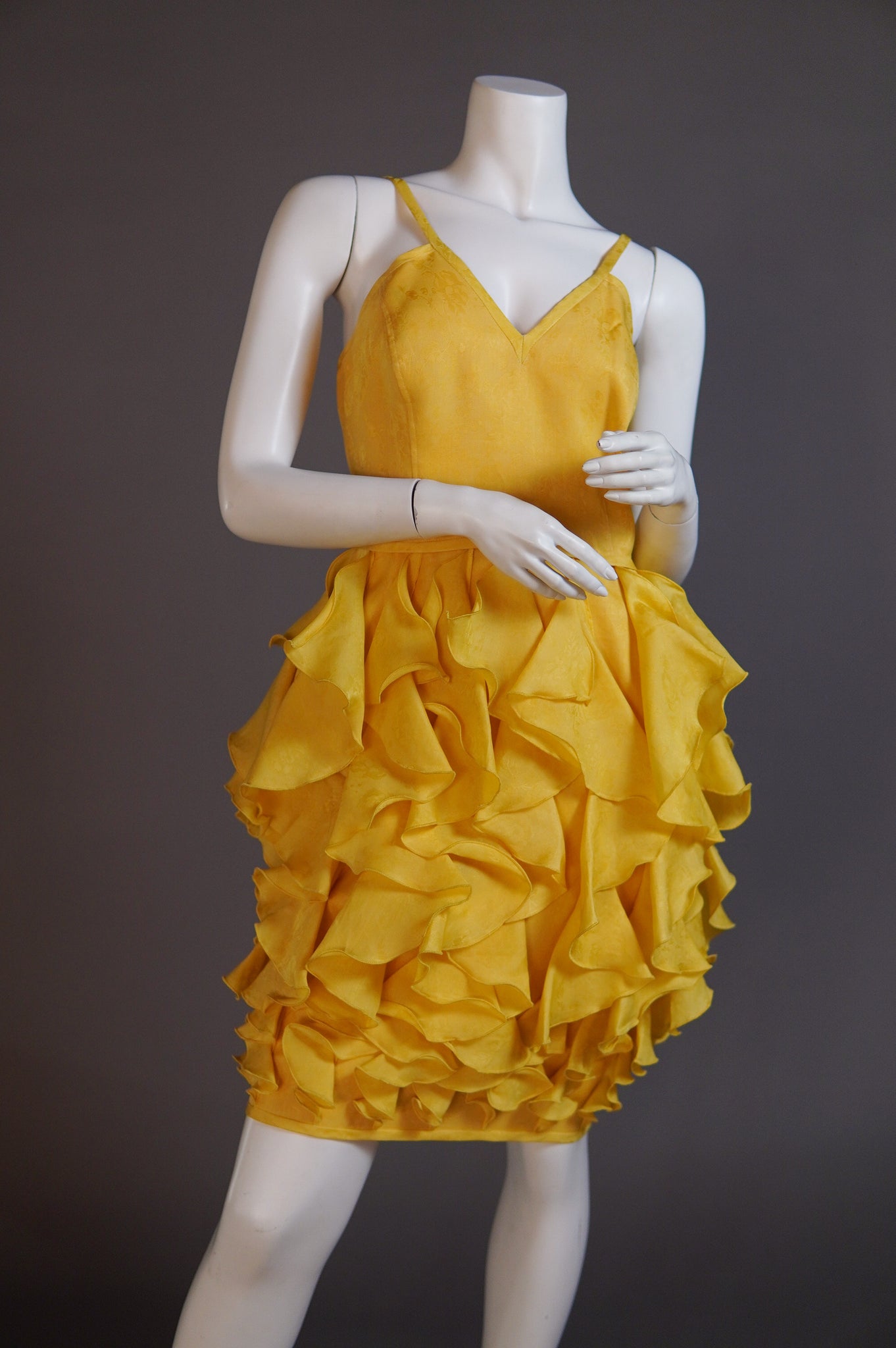 Emanuel Ungaro yellow silk brocade dress with ruffled skirt - L