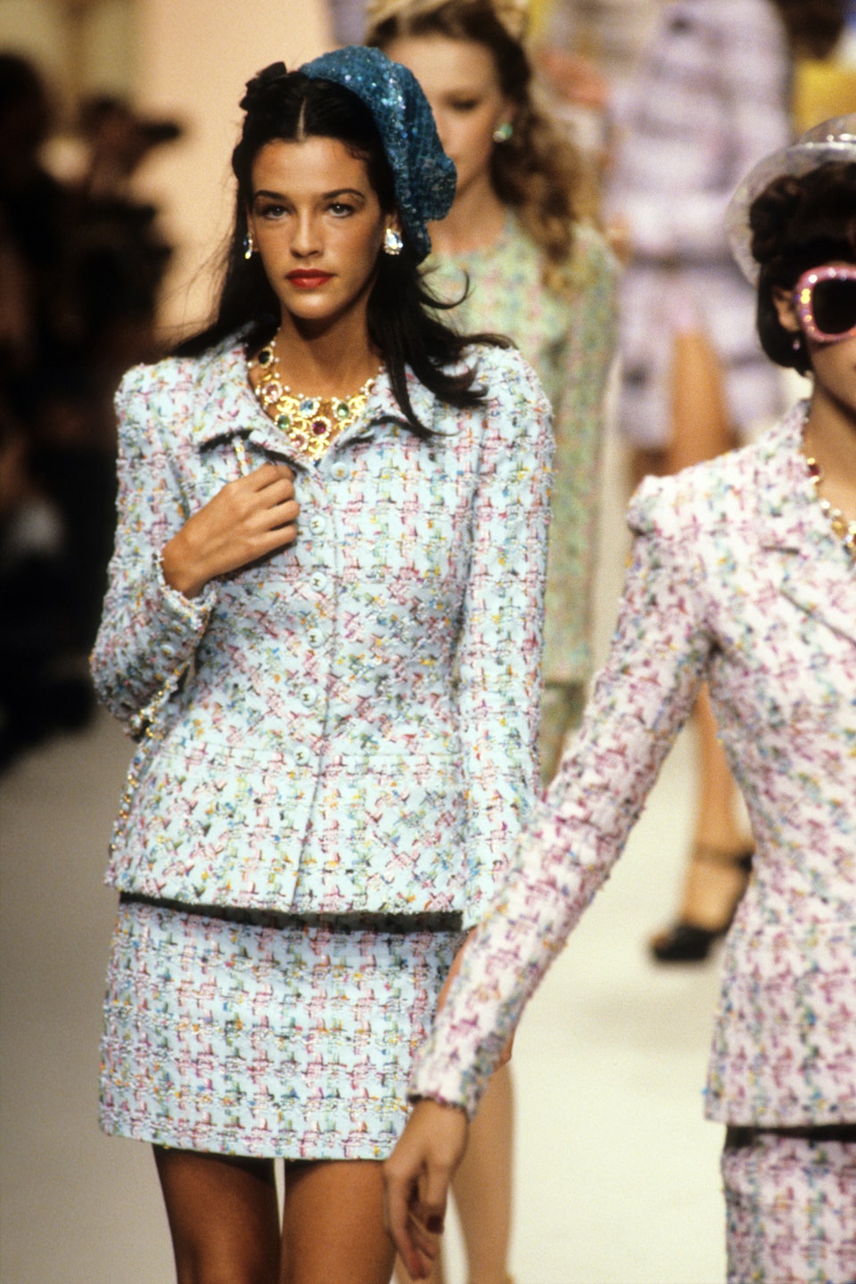 S/S 1995 Chanel 'Barbie Collection' runway mint green tweed suit with jacket and mini skirt - S/M