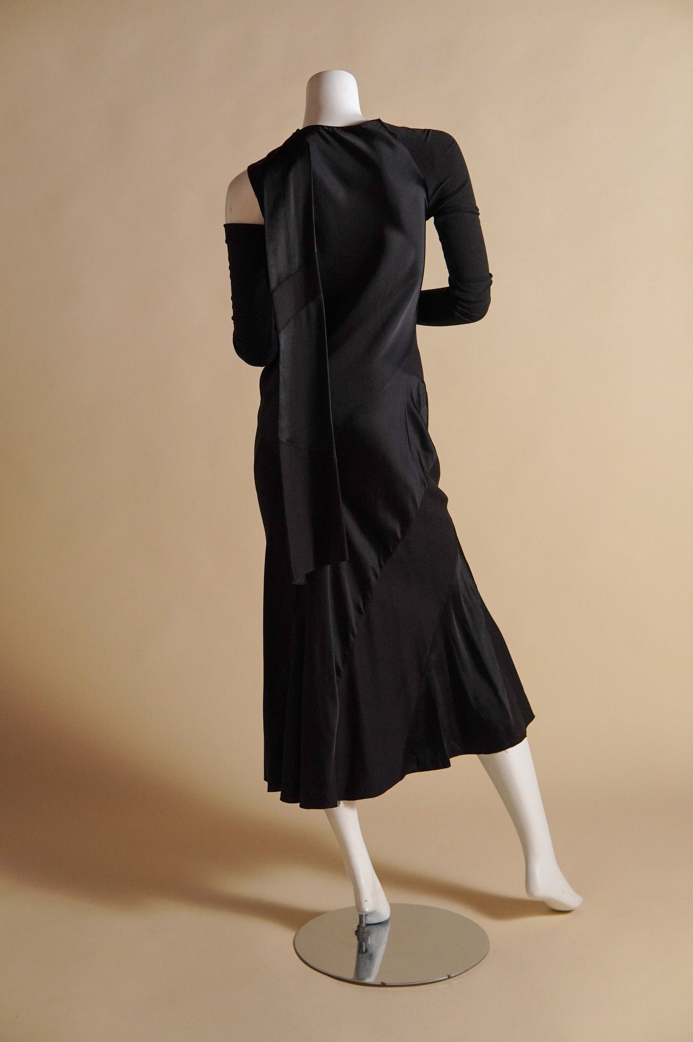 F/W 2002 Donna Karan satin and matte tone on tone patchwork dress with cutaway at knit sleeves - XS/S