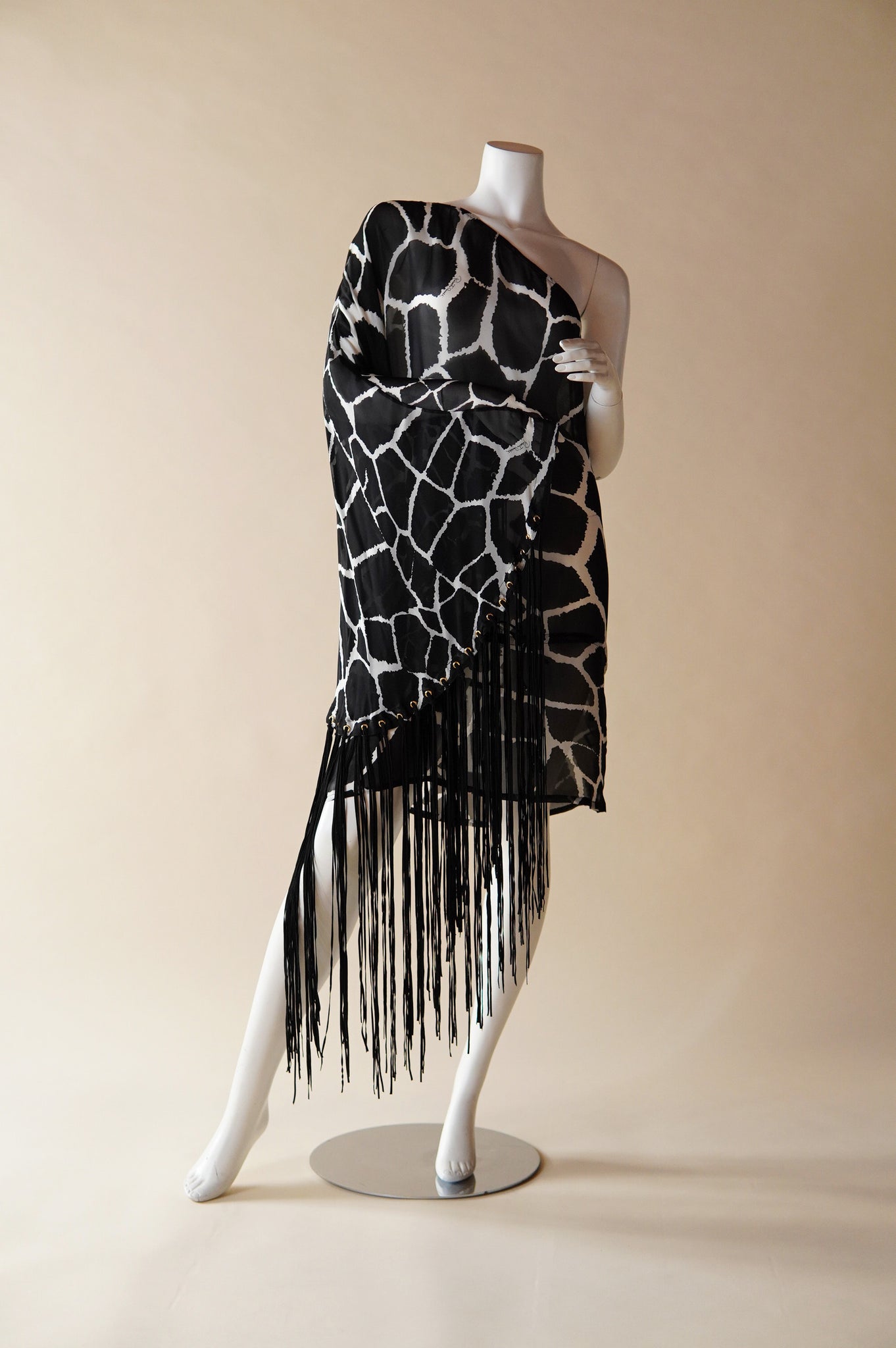 S/S 2006 Roberto Cavalli documented silk chiffon giraffe one sleeve dress with long suede Fringe - O/S