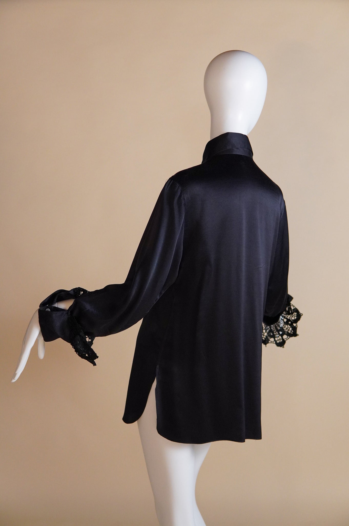 F/W 1994 Martine Sitbon runway silk blend satin blouse with lace trim - S/M