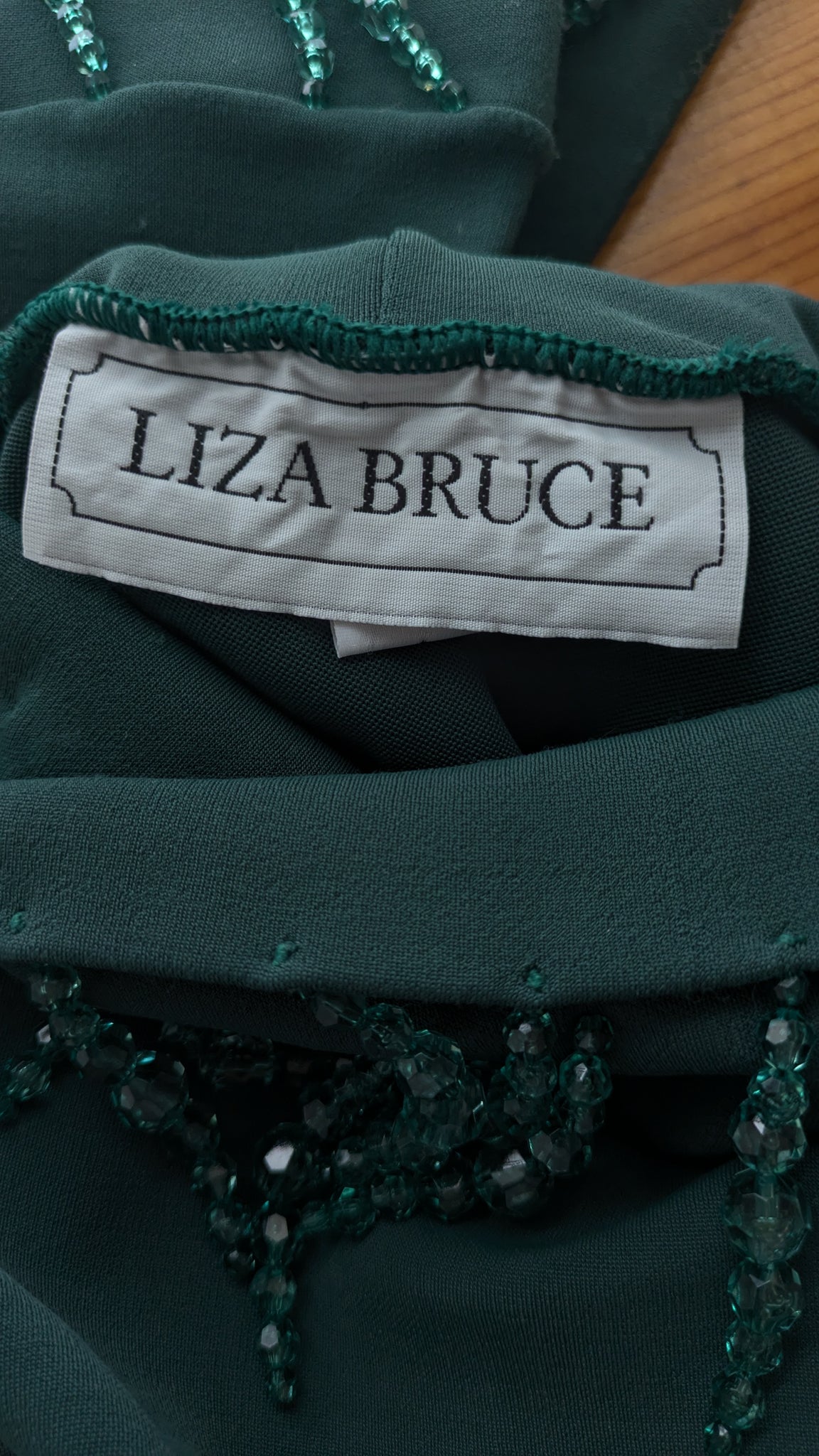 1990s Liza Bruce green funnel neck top with hanging crystal embellishments - XS