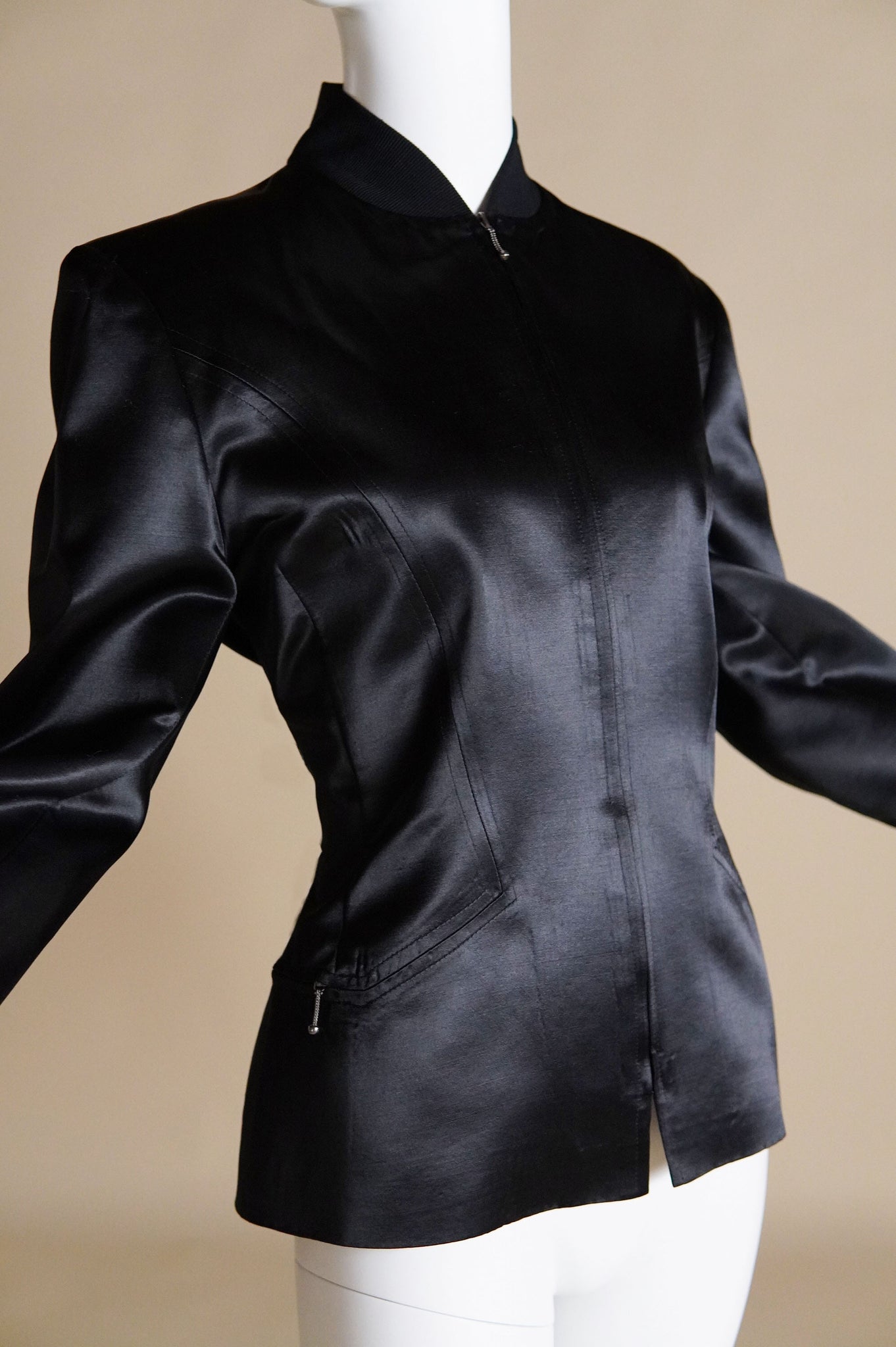 F/W 1990 John Galliano "Fencing" collection fitted runway satin jacket with bomber details - M