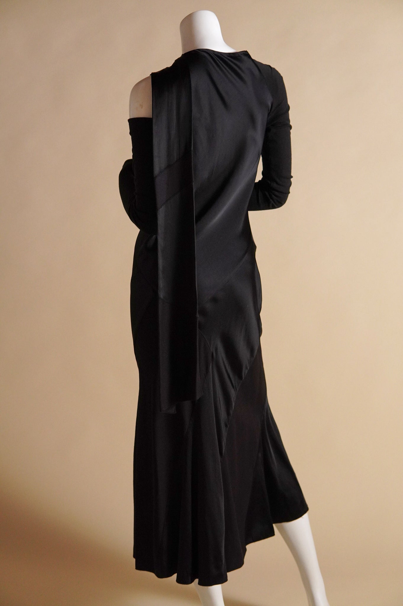 F/W 2002 Donna Karan satin and matte tone on tone patchwork dress with cutaway at knit sleeves - XS/S