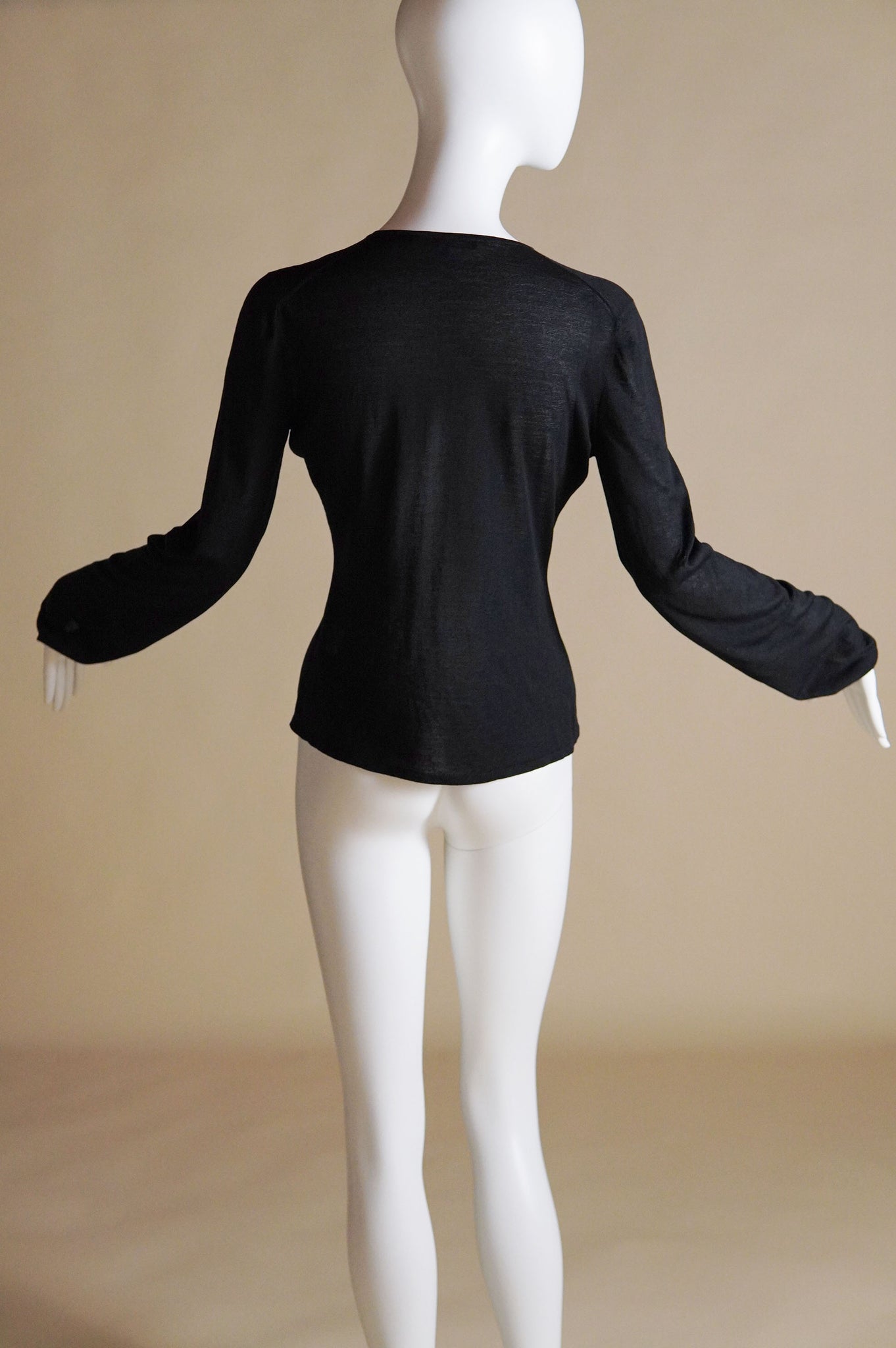 F/W 1999 Gucci by Tom Ford runway sheer silk knit top with exaggerated keyhole and leather rose - S/M