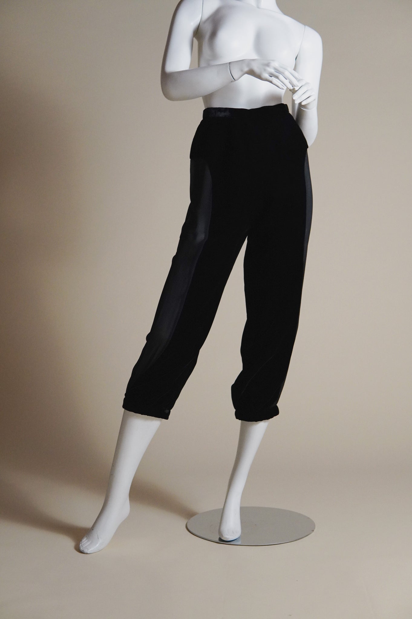 Pierre Balmain Couture silk velvet cropped harem trousers with dramatic sheer silk panels - XS