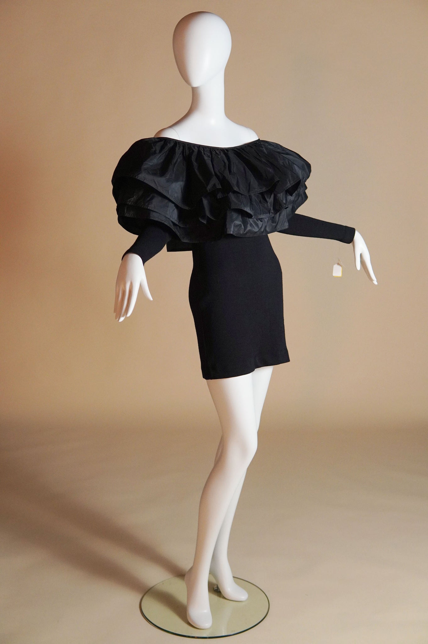 F/W 1991 Isaac Mizrahi runway stretch knit dress with exaggerated silk ruffles - S/M