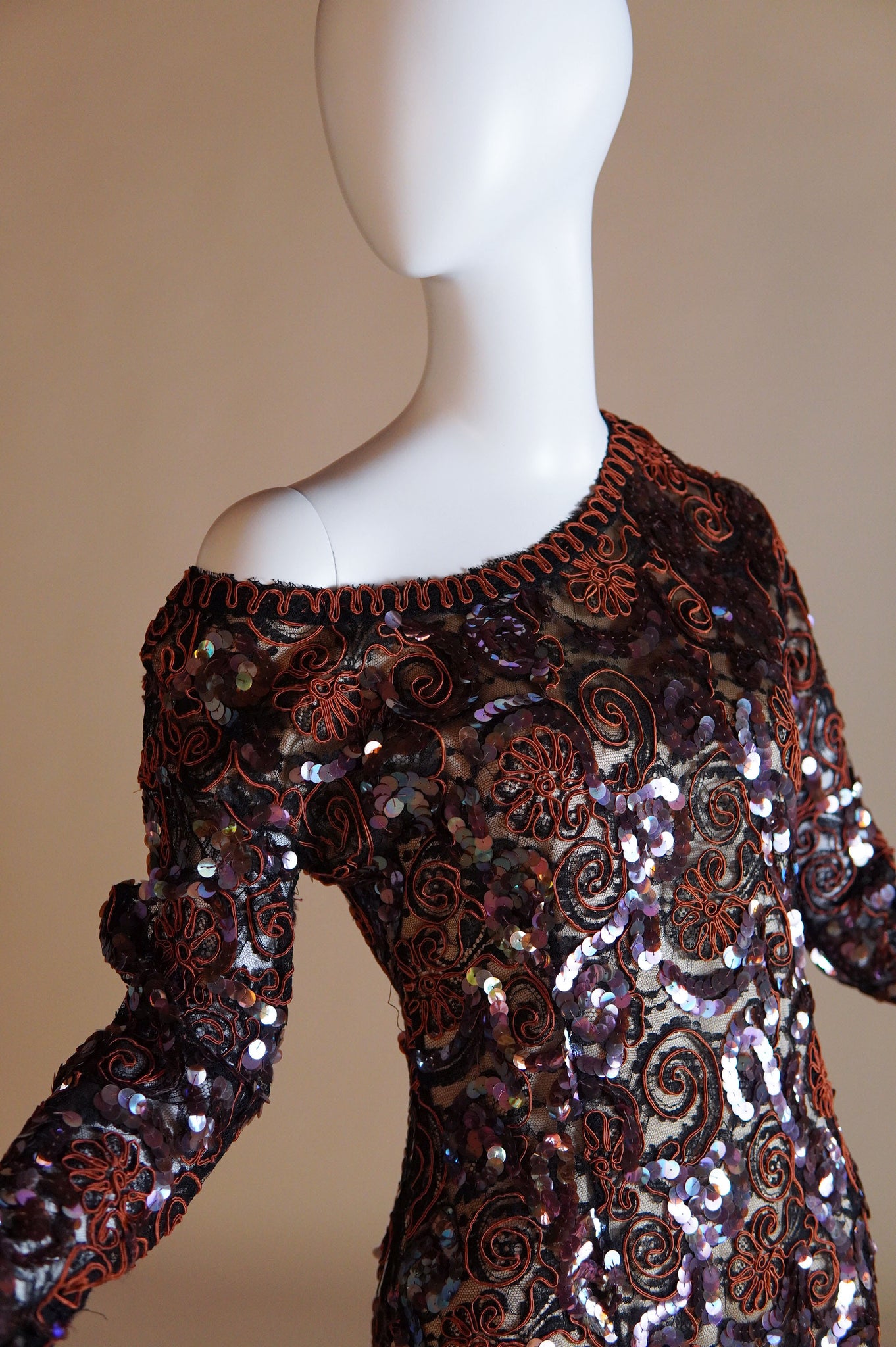 1980s Geoffrey Beene embelished off the shoulder mini dress with dramatic cutout at hip - S