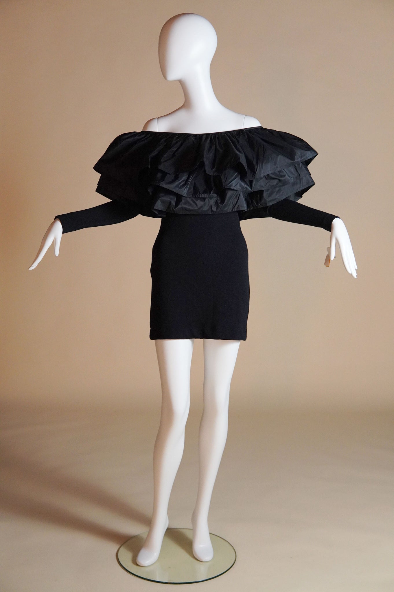 F/W 1991 Isaac Mizrahi runway stretch knit dress with exaggerated silk ruffles - S/M